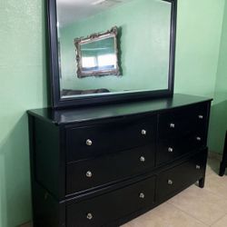 Large Black Dresser + Mirror Attachment 2pc Set 