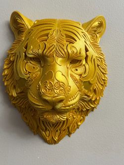 Decoración de Pared Cabeza de Tigre Dorada, Escultura de Tigre Impresa en 3D, Arte de Pared de Animal Salvaje
