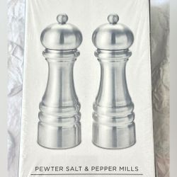Williams Sonoma Polished Pewter 6" Salt & Pepper Mills Set, Factory Wrapped, New in Box, Retail $249  
