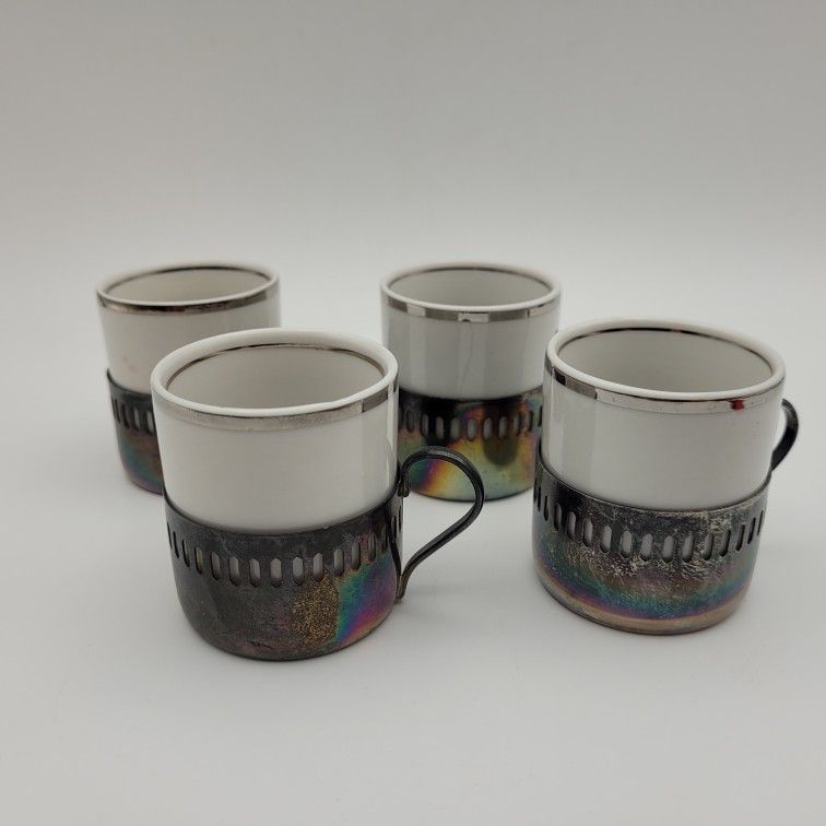 Bellini Espresso Cup Set Of 4 Brazil Silver Plate Porcelain Demitasse
