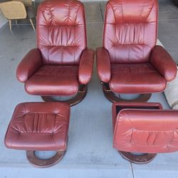 Red Faux Leather Ottomon & Swiveling Recliners