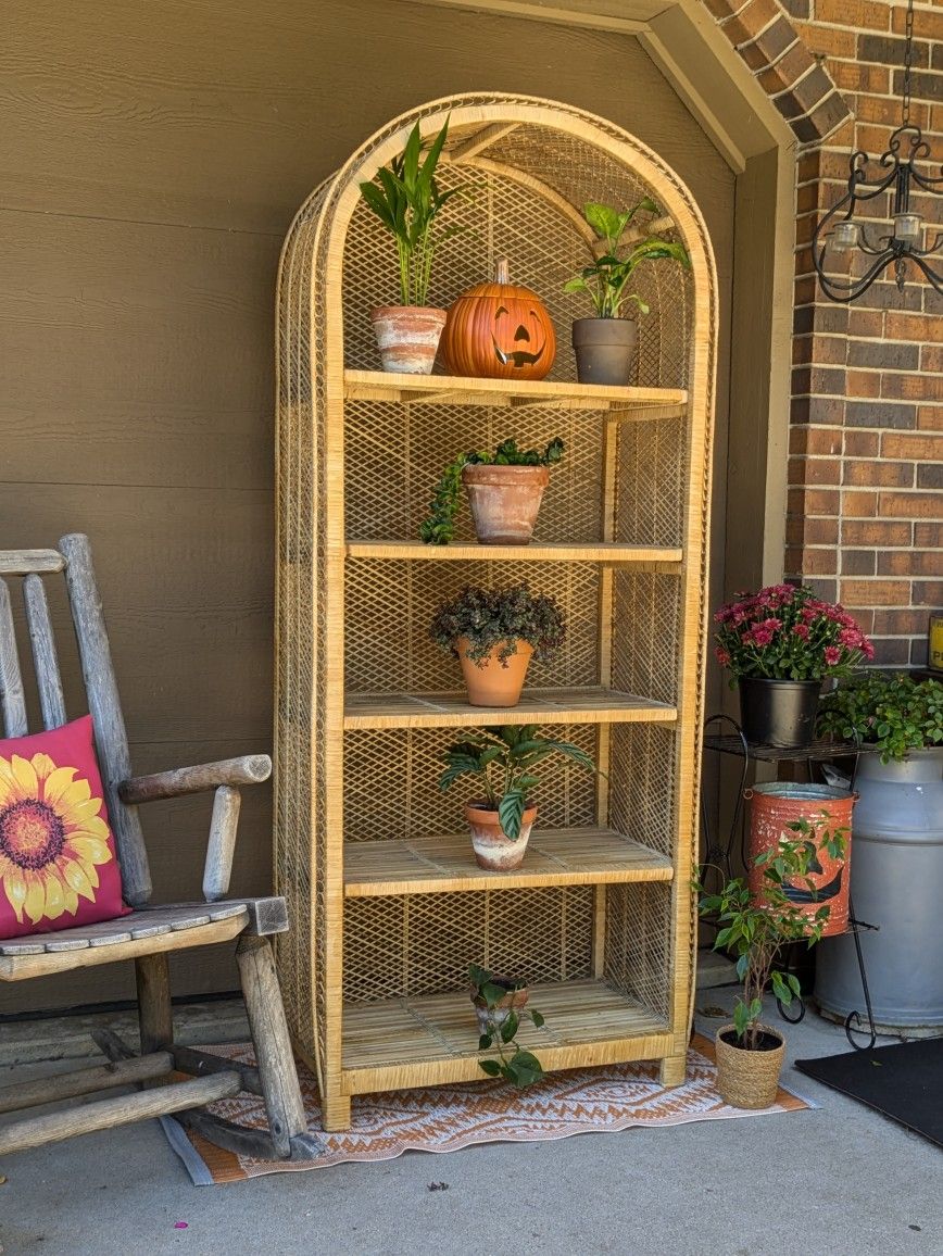 Vintage Wicker Etagere Arched Bookcase Shelf- 31" X 71" Tall