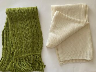 Two Knit Scarves Green and Cream