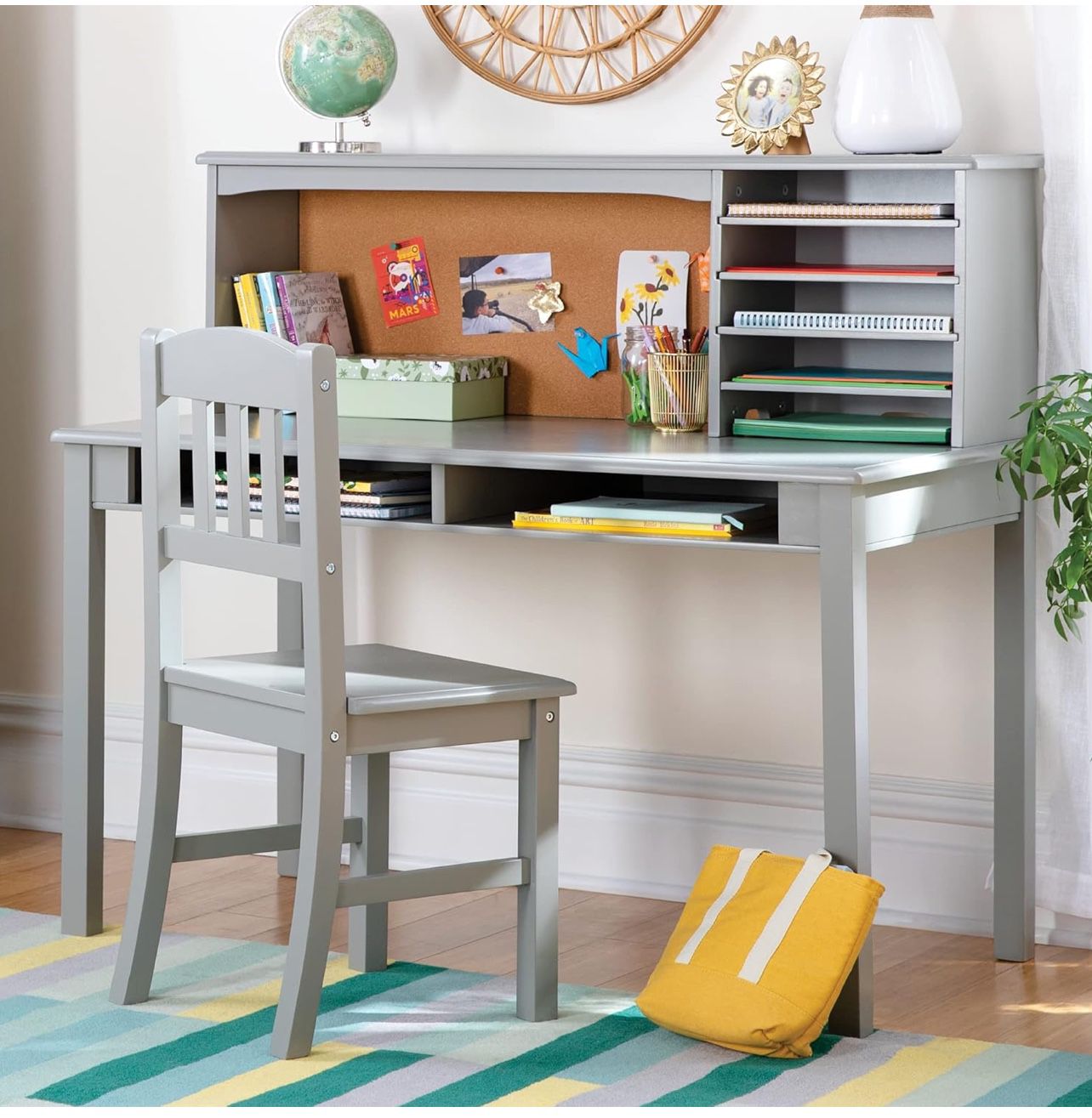 Wooden Student's Study Computer  Desk and Chair Set – Gray color，with Hutch and Storage Shelves