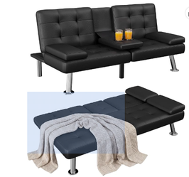 Homall Black Faux Leather Futon Sofa Bed, Loveseat with Adjustable Backrest