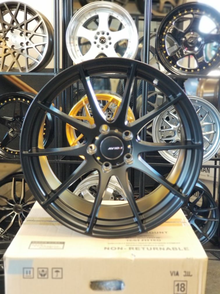 4 new avid 1 av21 wheels in matte black. 18×9.5. 5×114.3. +35. Financing available. $50 down only. No credit needed.