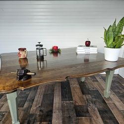 Vintage Drop Leaf Coffee Table Upgraded. Green Sage & Dark Walnut Stain 
