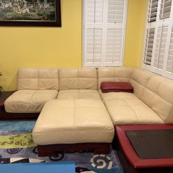 Beige Leather Sectional Sofa With Ottoman Good Condition 
