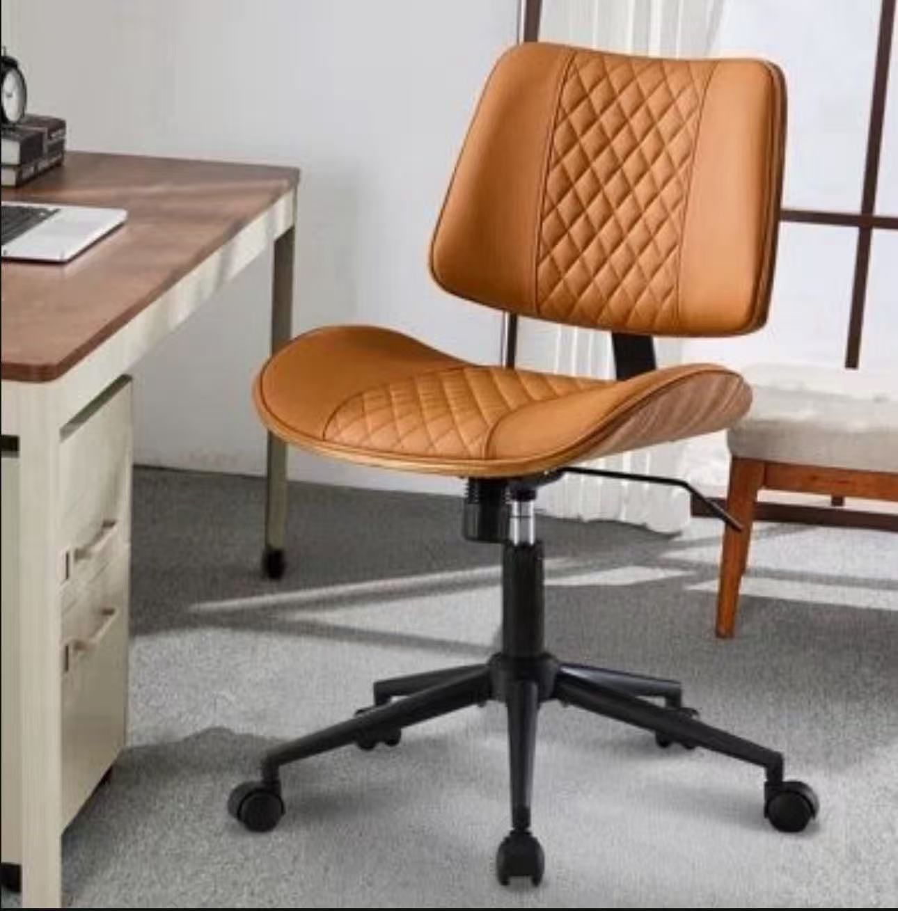 Armless Home Office Chair with Wheels, 360° Swivel & Adjustable Height Desk Chair, PU Leather Mid Back Walnut Computer Chair for Office, Reading Meeti