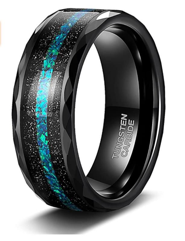 TIGRADE 8MM Tungsten Mens Wedding Bands Multi-Faceted Edge with Black Sand and Green-Blue Opal Inlay Wedding Rings Comfort Fit Size 7-13