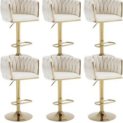Gold Bar Stools Set of 4, Velvet Adjustable Bar Chairs with Woven Low Back, Modern Swivel Upholstered Counter Height Chairs for Kitchen Island, Dining