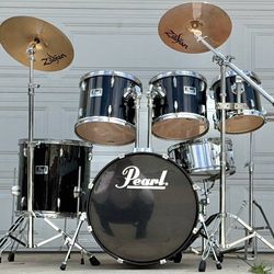 Pearl Black Drum Set With Zildjian Cymbals and Hardware