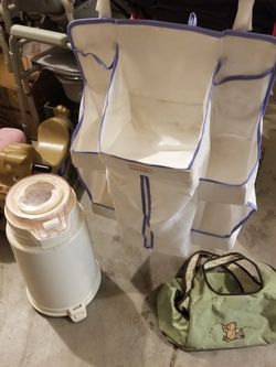 Munshkin diaper space saver organizer, diaper genie and pooh bear diaper bag