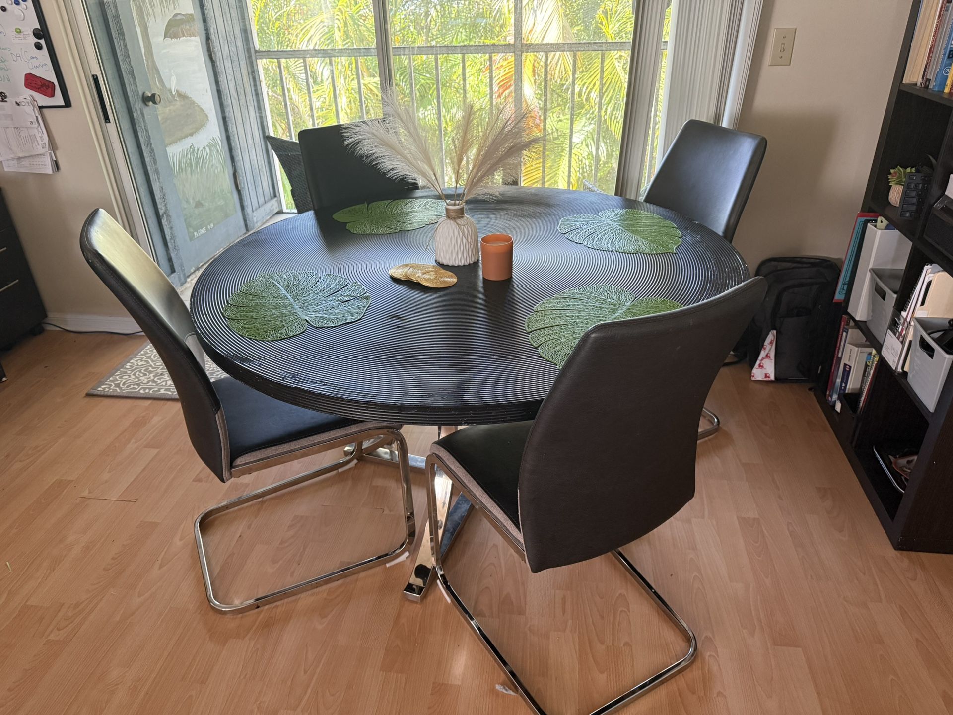 Modern Round Wood & Metal Kitchen Table – Seats 6, Black/Silver with Gray Accents