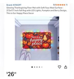 Glowing floor mat featuring pumpkins and berries. Includes LED lights for a warm glow. Perfect for holiday decor or any time. See pictures