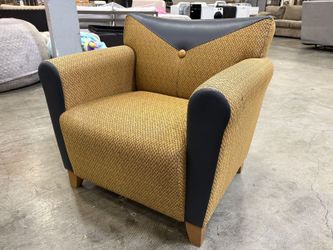 Vintage Accent Chair with Unique Geometric Patterned Upholstery and Navy Blue Leather Panels