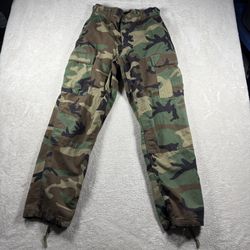 Vintage Military Pants Men Small Trousers Combat Cargo Woodland Camo #557