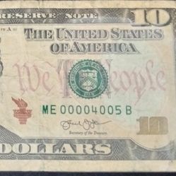 $10 bill 2013   ( Very Low Serial number)