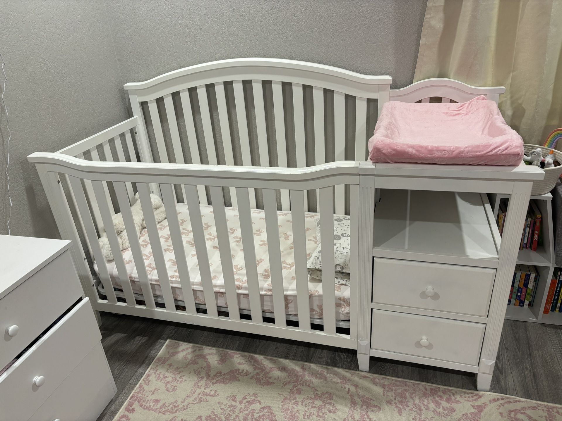White Baby Crib And Changing Table With Mattress 