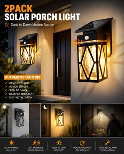 2 Pack Solar Porch Lights Outdoor, Dusk to Dawn & Motion Sensor Solar Wall Light with Lantern Shape,