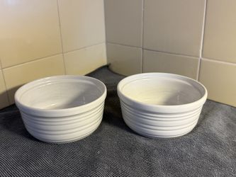 2 Vintage Ribbed Porcelain White Ramekin Custard Baking Souffles Cups