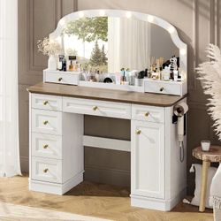 47" Farmhouse Vanity Desk with Mirror Lights, 8 Drawers, Cabinet & Charging Station,Brown Top