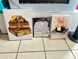 Fashion Floral Dog Wall Art Decoration Canvas Bundle Of 3