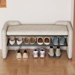 2-in-1 Modern Upholstered Entryway Shoe Bench & Shoes Changing Stool, 47" Shoe Rack with Shelf with 2 Tier Storage Space for End of Bed, Entryway, Liv