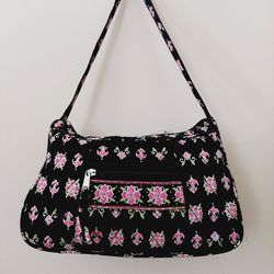 12"×7" Floral on Black Quilted 100% Cotton Ladies Womens Shoulder Handbag Purse with Zippered inside and outside pockets. 80's Preppy retro! Black lin