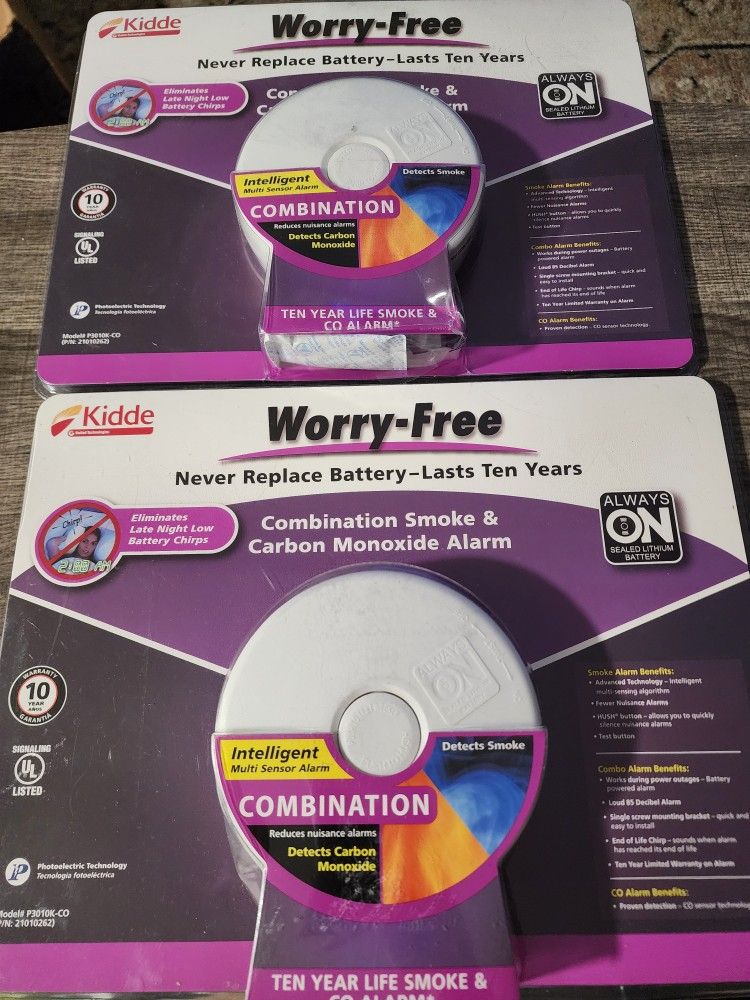 2 Pack Kidde
10-Year Worry Free Smoke & Carbon Monoxide Detector, Lithium Battery Powered with Photoelectric Sensor and Voice Alarm
