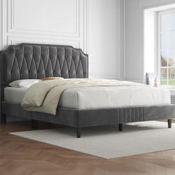 Queen Size Upholstered Bed Frame with Button-Tufted Headboard/ Height Adjustable Headboard/ Mattress Foundation / Wooden Slat Support / No Box Spring 