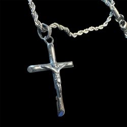 22” Stainless Steel Rope Chain 3mm w/ Stainless Steel Crucifix – New
