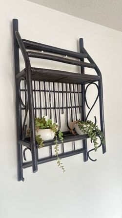 Black Rattan Boho Wall Shelf - 2 Tier Hanging Plant Shelf - Vintage Style