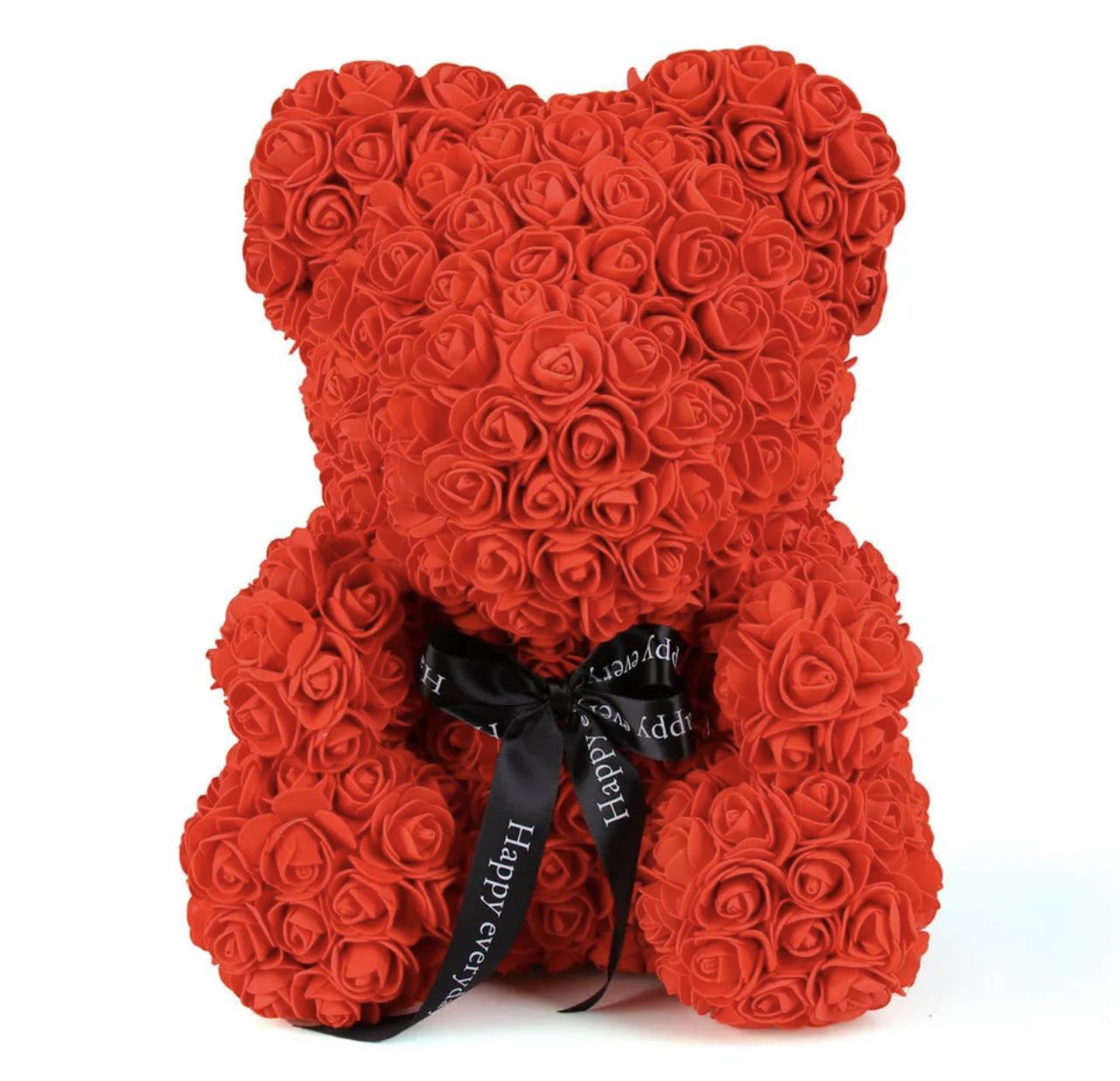 Red Flower  Teddy Bear With Black Ribbon 