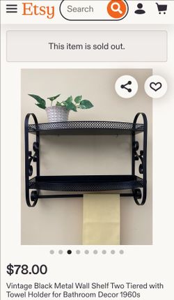 VINTAGE BLACK TWO TIER SCROLLED METAL WALL SHELF WITH TOWEL BAR HOLDER( PLEASE CHECK OUT THE LAST PICTURES ONLINE SALE PRICE LISTED!!