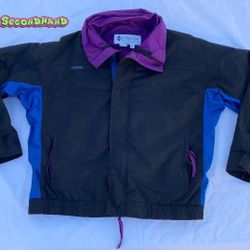 Vintage Columbia Sportswear Bugaboo Windbreaker Jacket Radial Sleeve Men's Medium from the 1990s .. beautiful black purple & blue .. really good condi