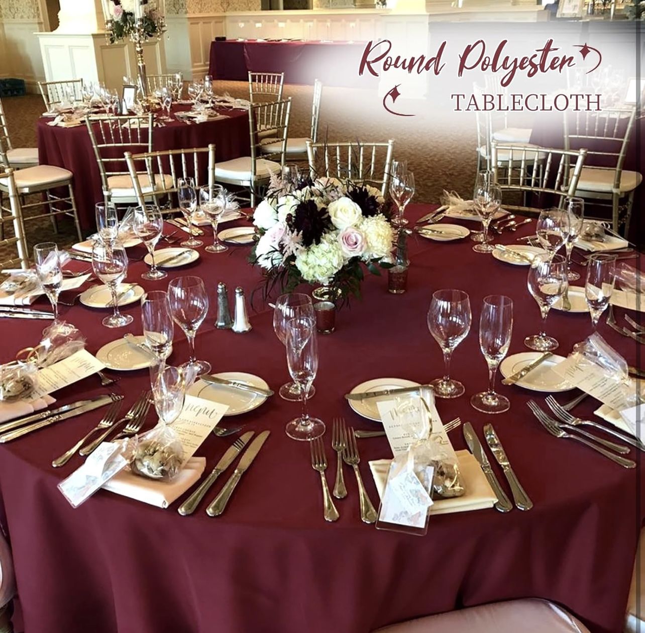 6 Pack Burgundy Round Tablecloths - 90 Inch