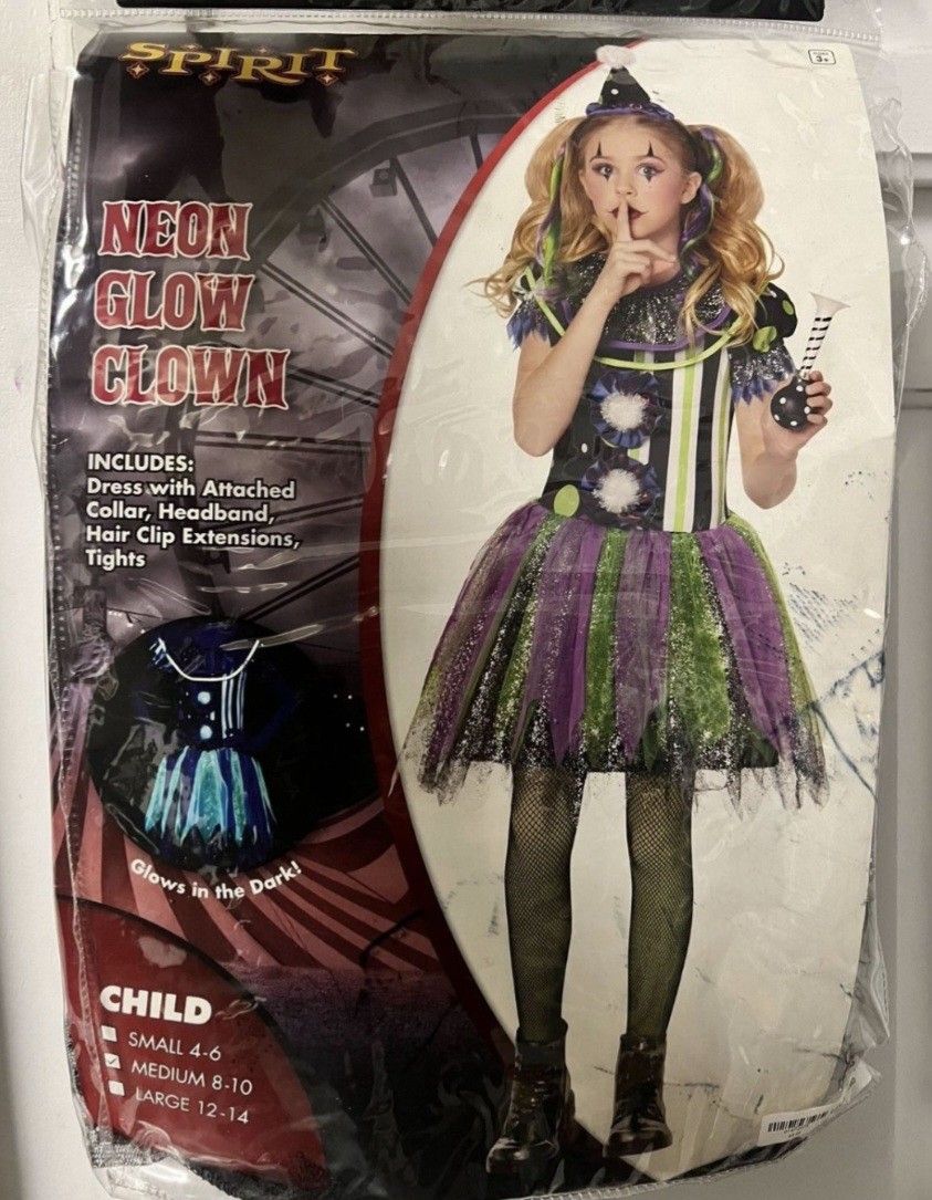 SPIRIT HALLOWEEN NEON GLOW CLOWN GIRL COSTUME (NEW)