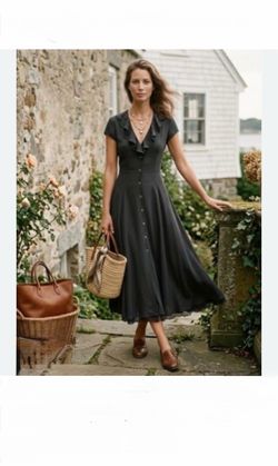 Ralph Lauren Black Silk Ruffle-Trim Button Front Midi Dress size 16