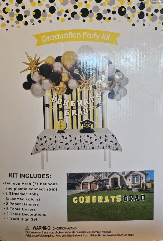 86pc high quality Graduation Party kit with Balloon arch, yard signs, table covers, banners and more