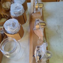 Progress Lighting Calhoun 4 light vintage brass industrial style bathroom vanity light fixture