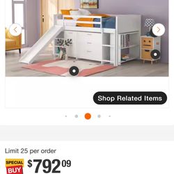White Wood Low Loft Bed with Slide, Twin Loft Bed with Cabinets and Shelves