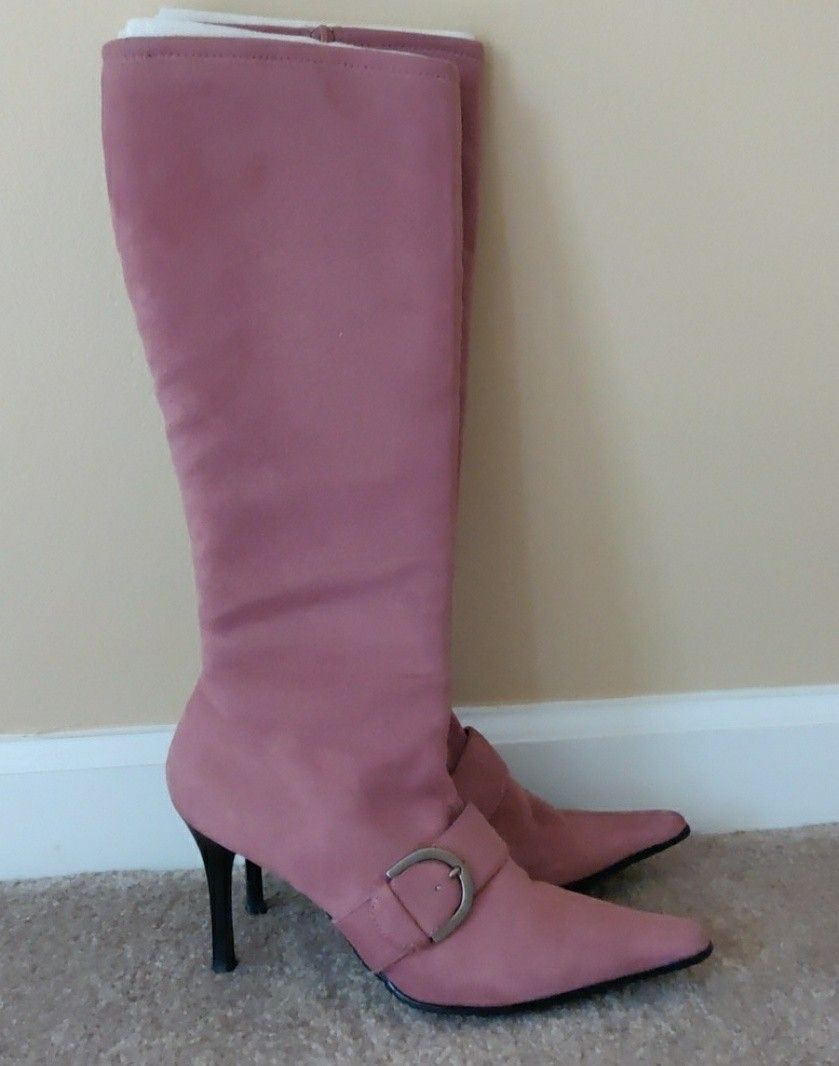 Ladies Pink Suede Knee High Boots Size 8