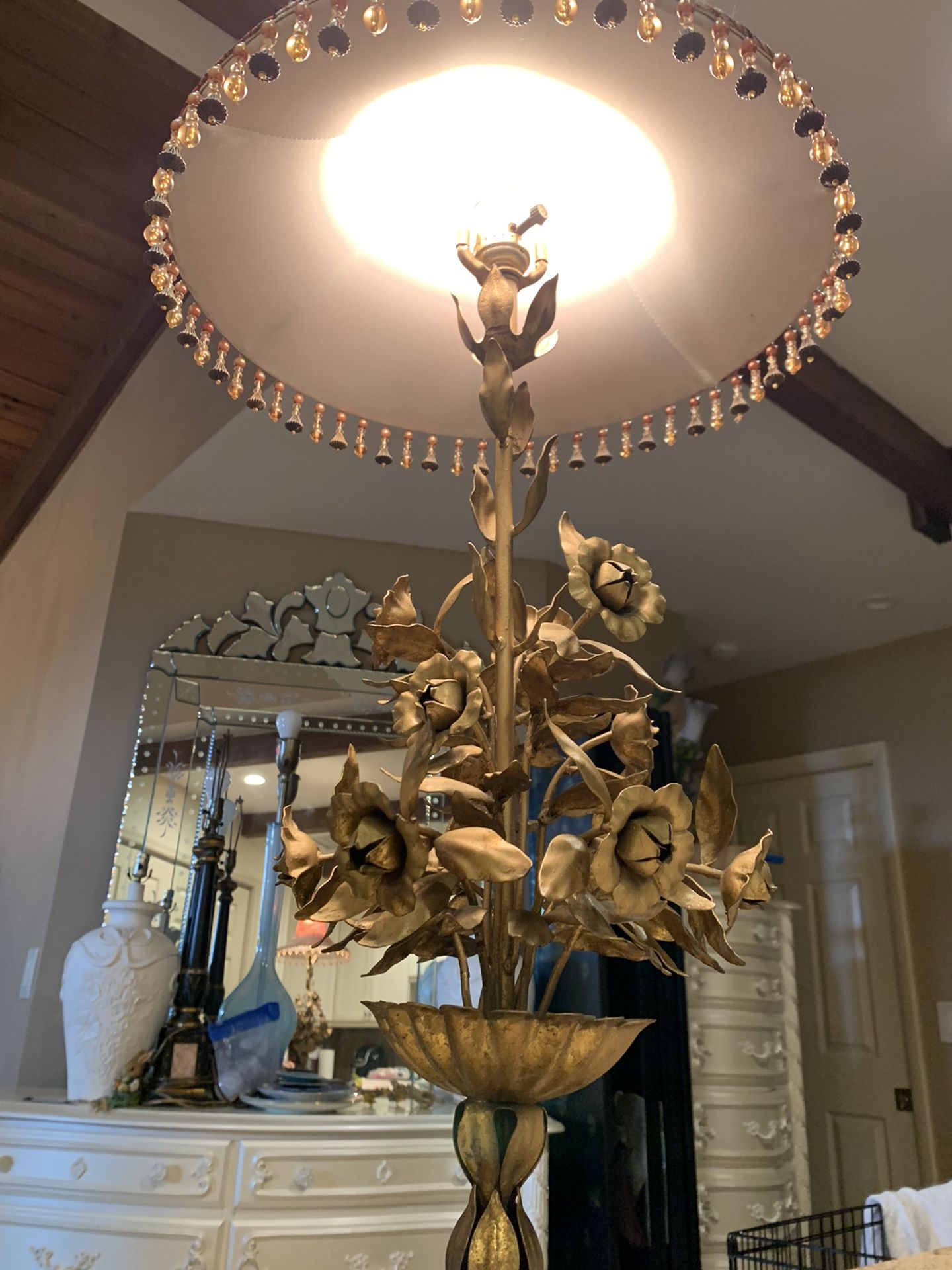 1920s Italian Gilt Tole Table Lamp Gold Victorian Vintage Rose Flower Floral