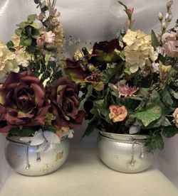 Pair Faux Floral Arrangements in Solid Brass India Pots 9”x5.5” Vintage PWF 