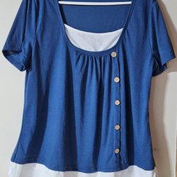 XXL ( 1X )Woman's blue faux buttoned scoop neck stretch Layered look  top
