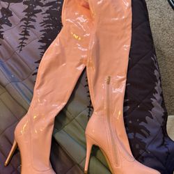 pink patent leather thigh-high stiletto boots,