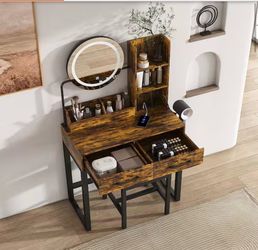 Makeup Vanity Table with Round LED Mirror