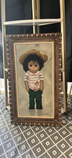 ORIGINAL OIL HARLEQUIN WAIFS CLOWN PAINTING OF THE BIG EYED KIDS SIGNED BOLLINI