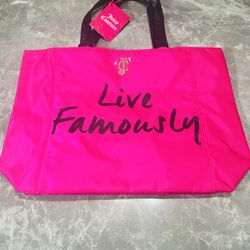 Juicy Couture Live Famously Hot Pink Nylon Tote Bag Gold Star Lining NWT